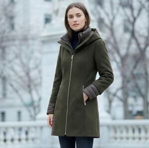 SOIA & KYO Rooney Olive Green Mixed Materials Wool Coat with Puffer Insert